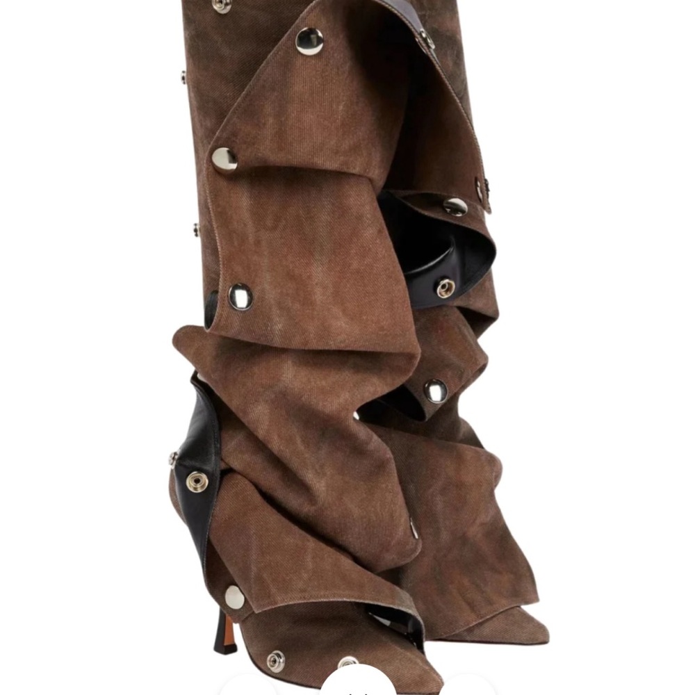 Brown denim knee high boots